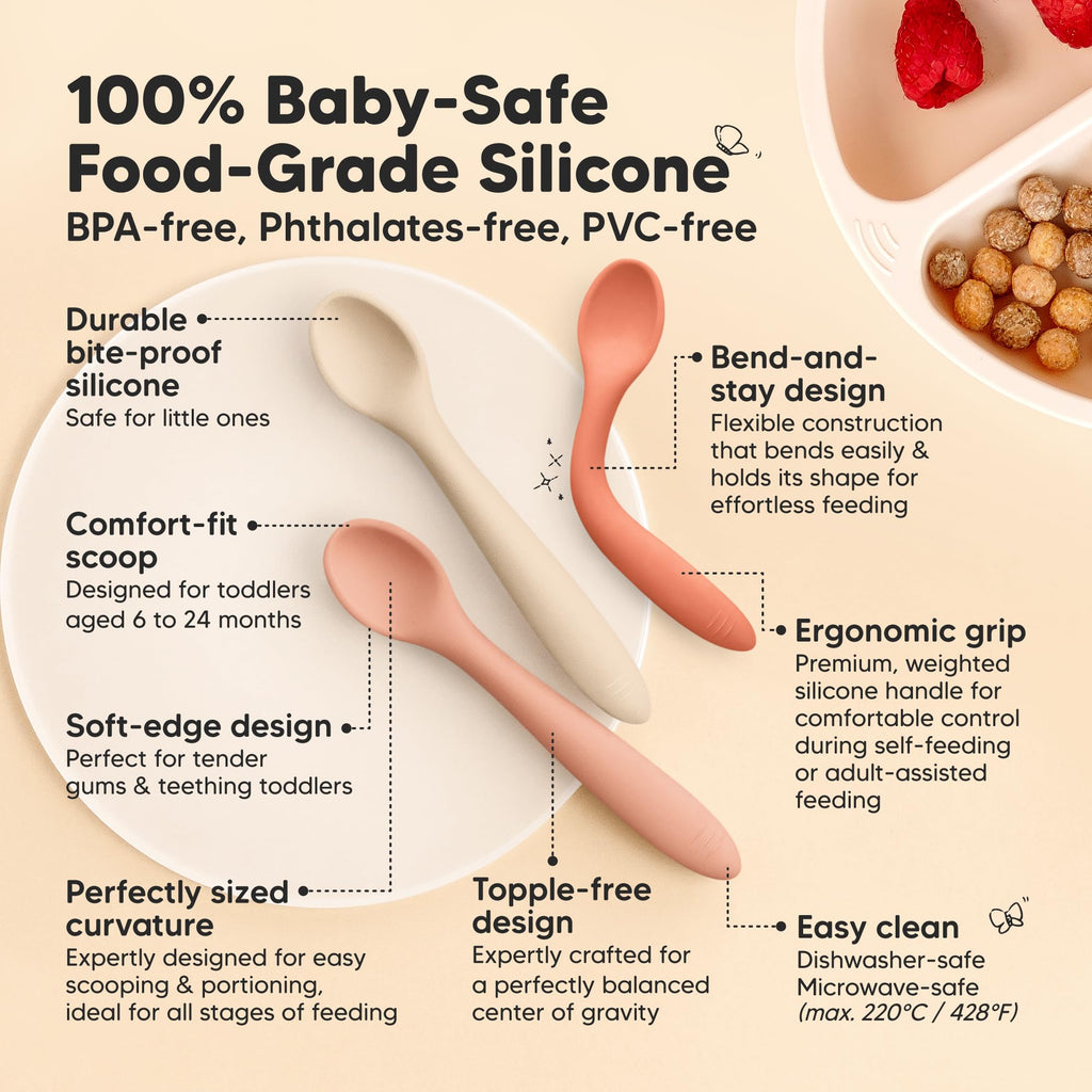 KeaBabies Silicone Baby Spoons Self Feeding 6-12 months, 3-Pack (Roseate)