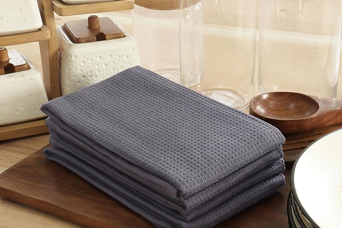 PurpleEssences Waffle Weave Kitchen Towel, 100% Cotton - 15 x 25 Inches, with Hanging Loop Ultra Soft Absorbent Quick Drying Dish Cloth, Tea and Hand Towels, 6 Pack - Fall Thanksgiving - Dark Grey