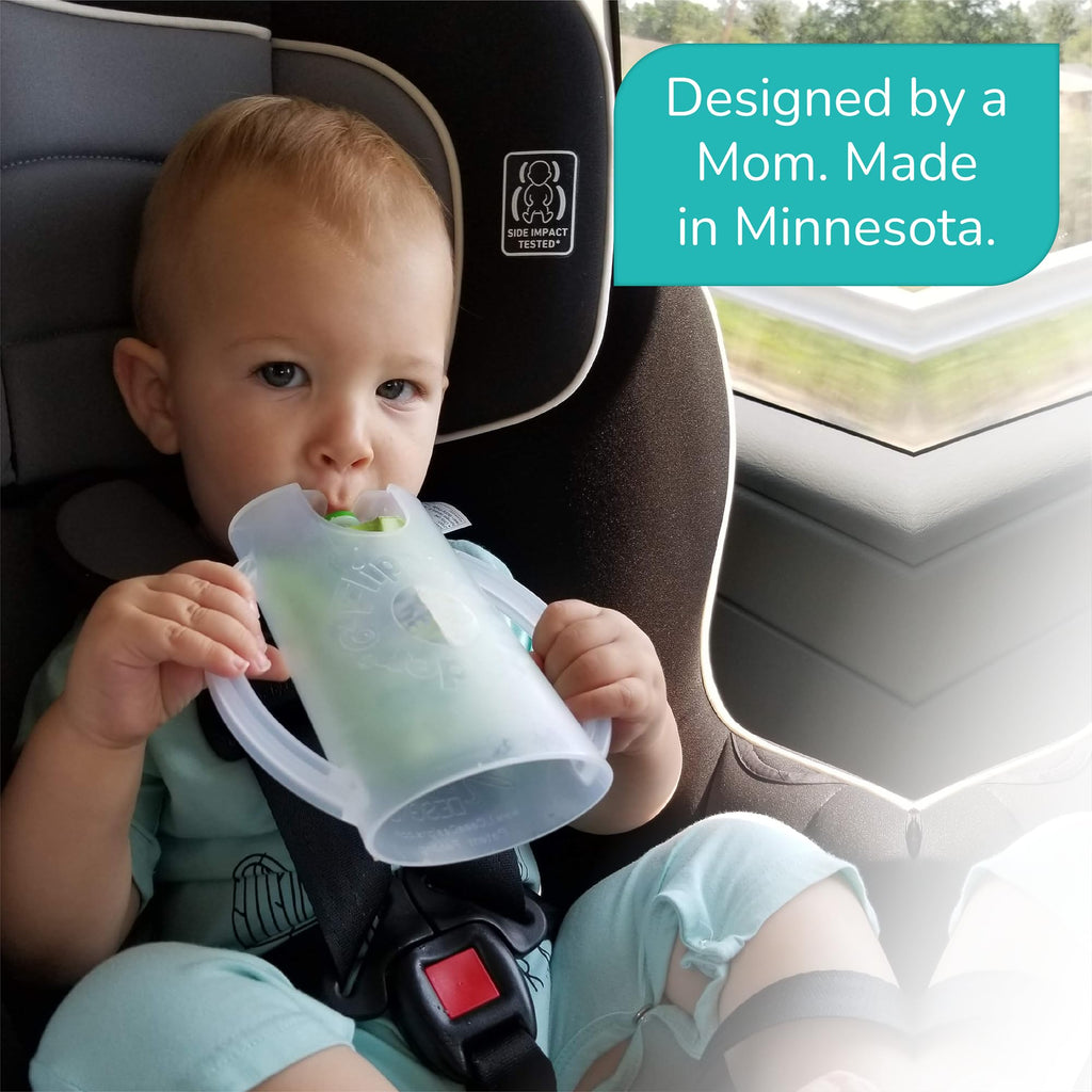 Original Squeeze Proof Flipping Holder with Open Bottom for Food Pouches & Juice Boxes - Multipurpose - Prevent Messes & Support Self-Feeding - Easy Grasping Handles - Made in USA
