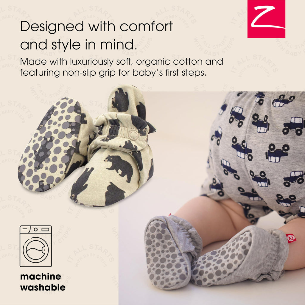 Zutano Unisex Organic Cotton Baby Booties With Gripper Soles, Black Bear, 3M