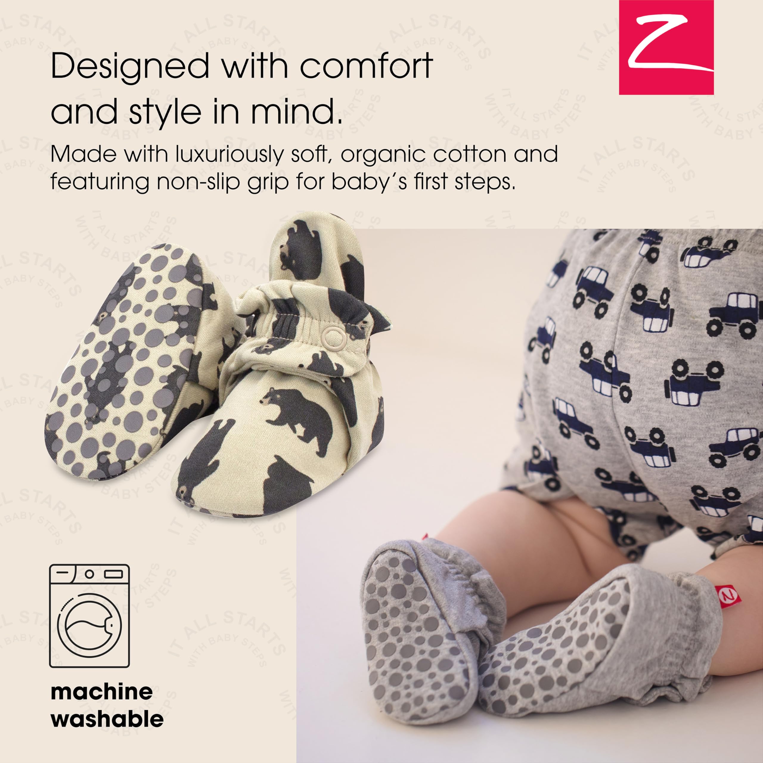 Zutano Unisex Organic Cotton Baby Booties With Gripper Soles, Black Bear, 3M