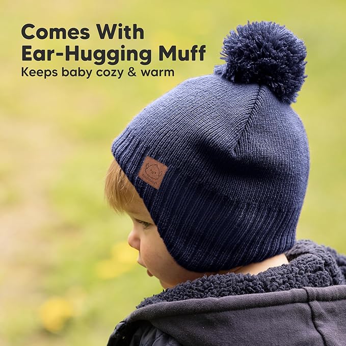 Baby Beanies, Baby Hats for Boys, Girls - Cute Toddler Winter Hat, Soft & Stretchy Beanies for Infant, Newborn 0-6 Months, Cozy & Warm with Earflap Muff & Pom (Navy, S)