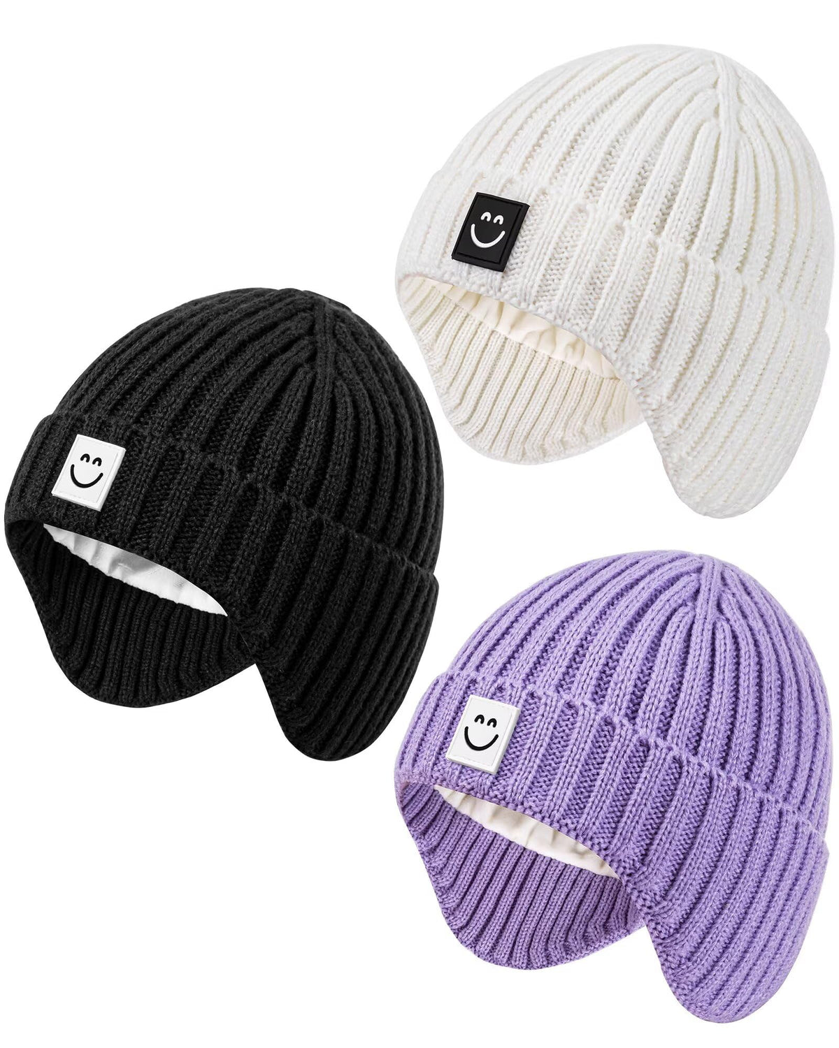 Alepo 3 Pack Baby Beanie Hats with Earflaps, 2 Size Baby Winter Hat for Newborn Infant Toddler Kids Children with Cute Smiley Face, Soft Warm Fleece Lined Knit Hat for Girls Boys-13