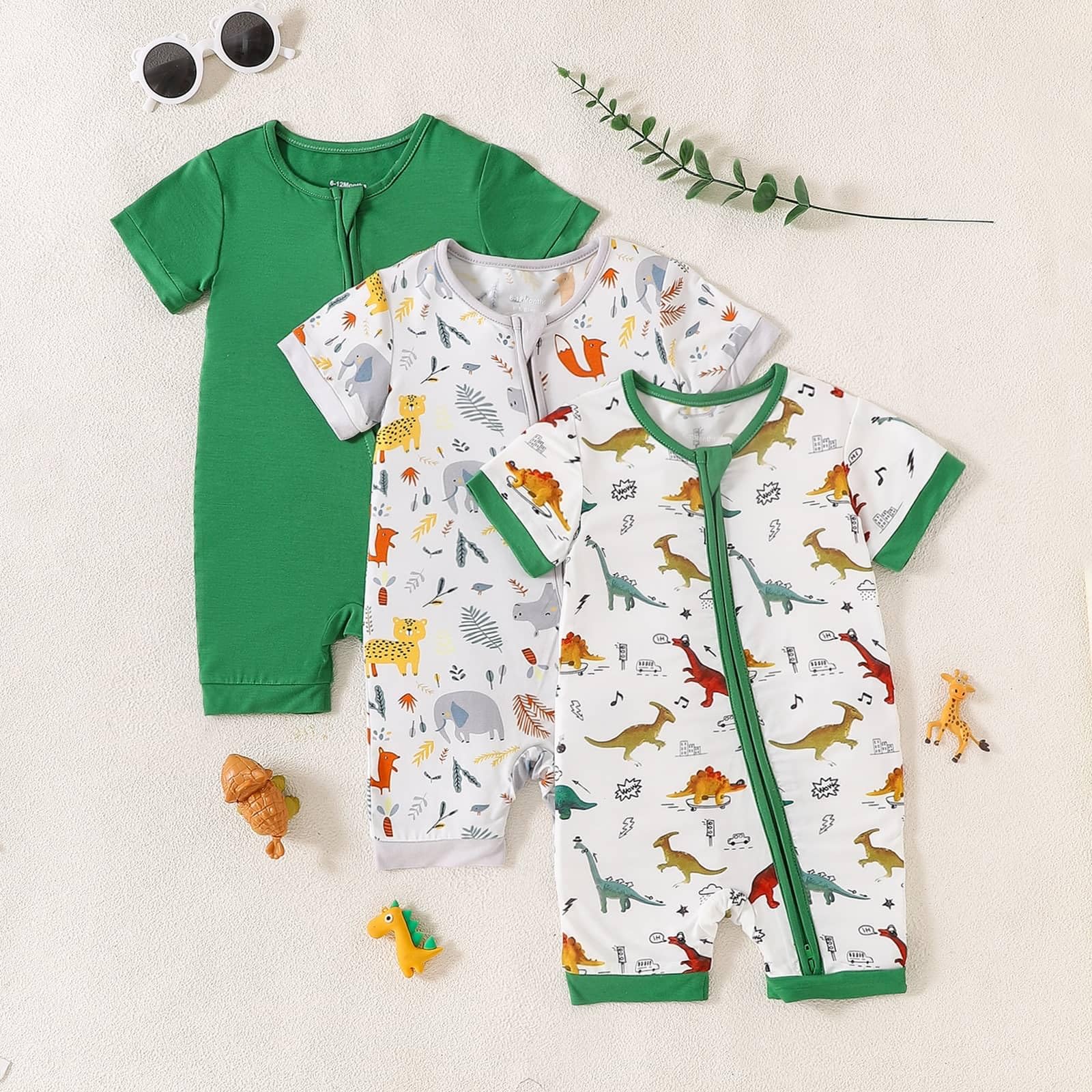 OPAWO Baby Boy Pajamas 3 Pack, 2 Way Zipper Sleepers Baby Boy Girl Romper, Toddler Summer Clothes Outfits 0-24M(Animals/Dinosaurs/Green,6-12 Months)
