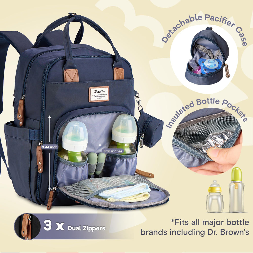 RUVALINO Diaper Bag Backpack, Multifunction Travel Back Pack Maternity Baby Changing Bags, Diaper Changing Totes, Waterproof and Stylish, Navy Blue
