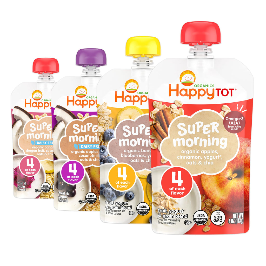 Happy Tot Organics Stage 4 Baby Food Pouches, Gluten Free, Super Morning Fruit & Oat Variety Pack Blend 4 Oz (Pack of 16), Amazon Exclusive