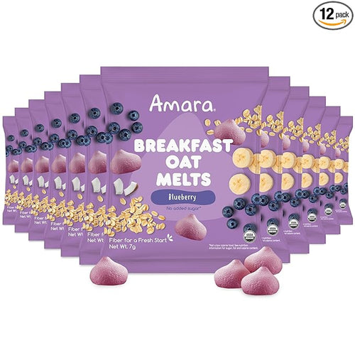 Amara Breakfast Oat Melts - Organic Toddler Snack - Single Serve Fiber-Packed Oat Bites with Real Fruit, No Added Sugar, Quick Dissolving, Strawberry - 12 Pack