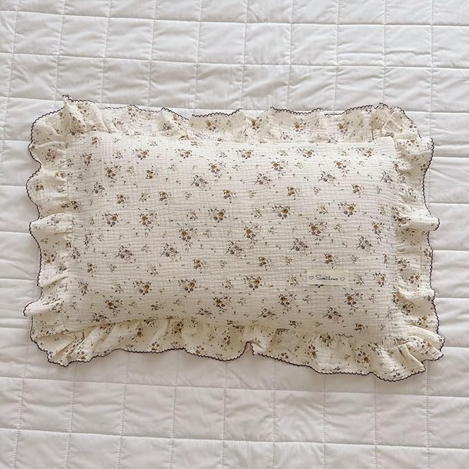 BuLuTu Cotton Muslin Pillow Case King Pillowcase Sweet Floral Design Pillowcases Enveloped Closure Vintage Ruffled Pillow Cover for Teens Adults, 20x36 inch, 1 Piece, Crapemyrtle