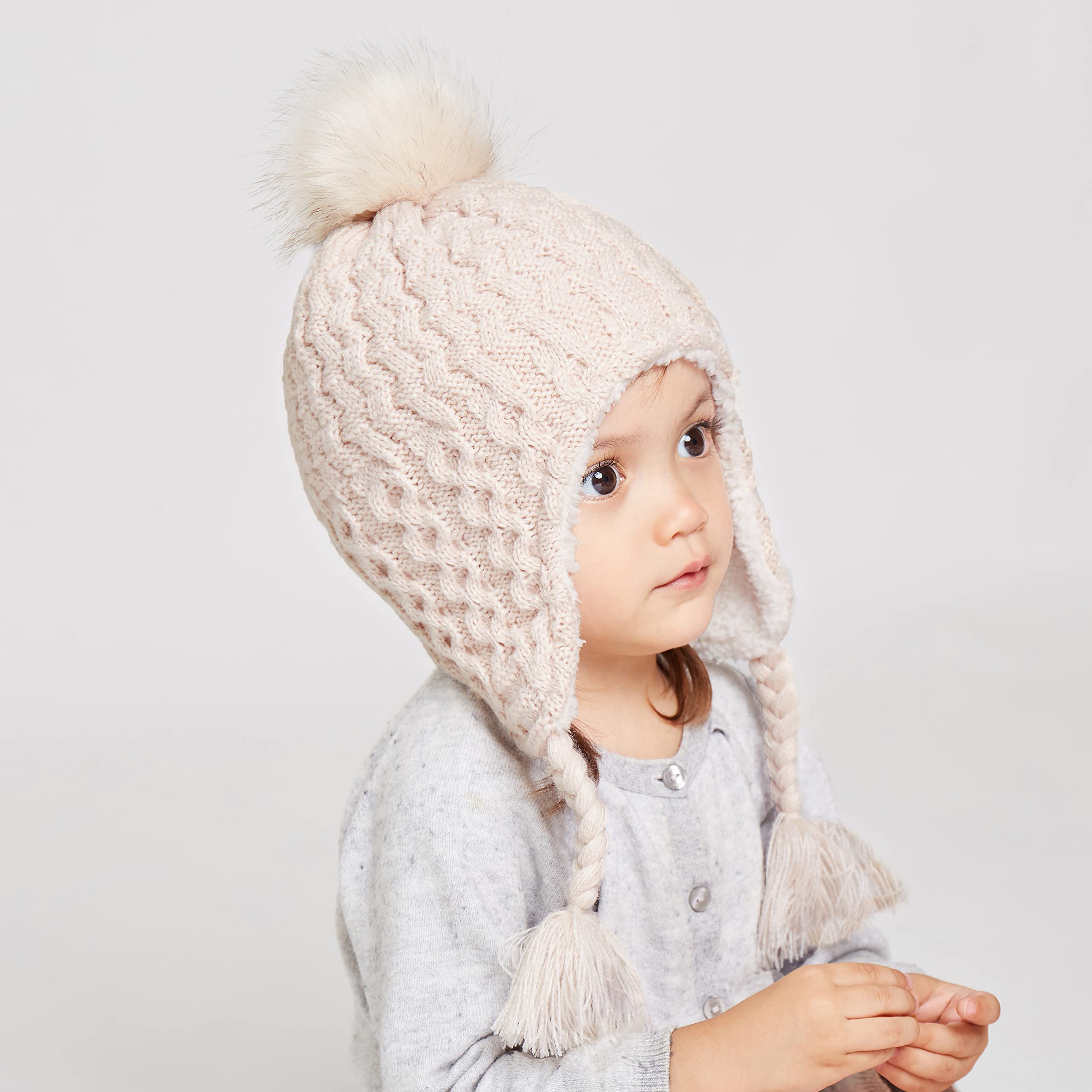 LANGZHEN Toddler Kids Winter Hat,Earflap Knit Warm Cap Fleece Lined Beanie for Baby Girls(Peach+Beige,6-12 Months)