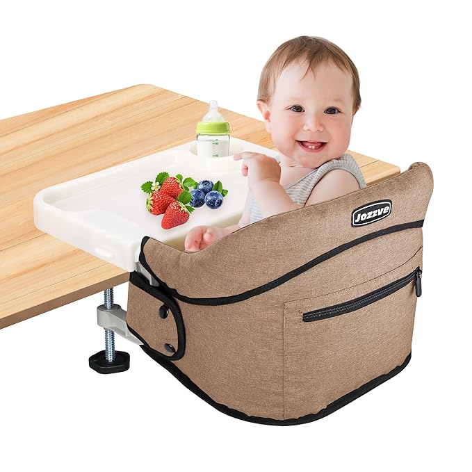 Clip-On High Chair with Removable Dining Tray for Babies and Toddlers, Fold-Flat Storage Portable Baby Feeding Seat, Attach to Fast Table Chair for Home Travel (Brown)