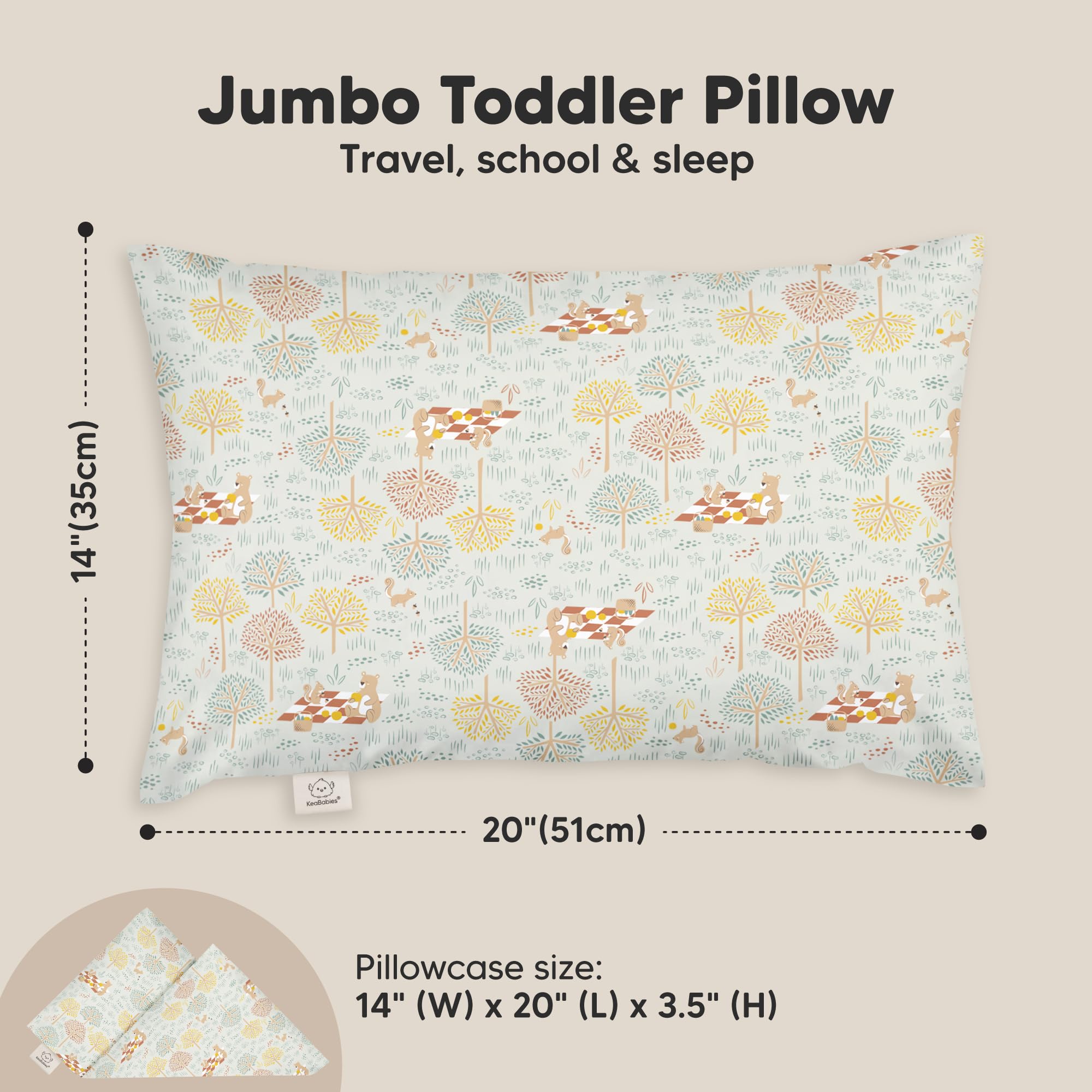 KeaBabies Organic Toddler Pillow with Pillowcase, Jumbo 14X20 (Wild Picnic)
