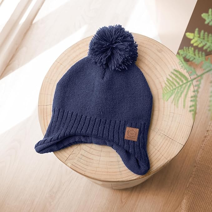 Baby Beanies, Baby Hats for Boys, Girls - Cute Toddler Winter Hat, Soft & Stretchy Beanies for Infant, Newborn 6-36 months, Cozy & Warm with Earflap Muff & Pom (Cream)