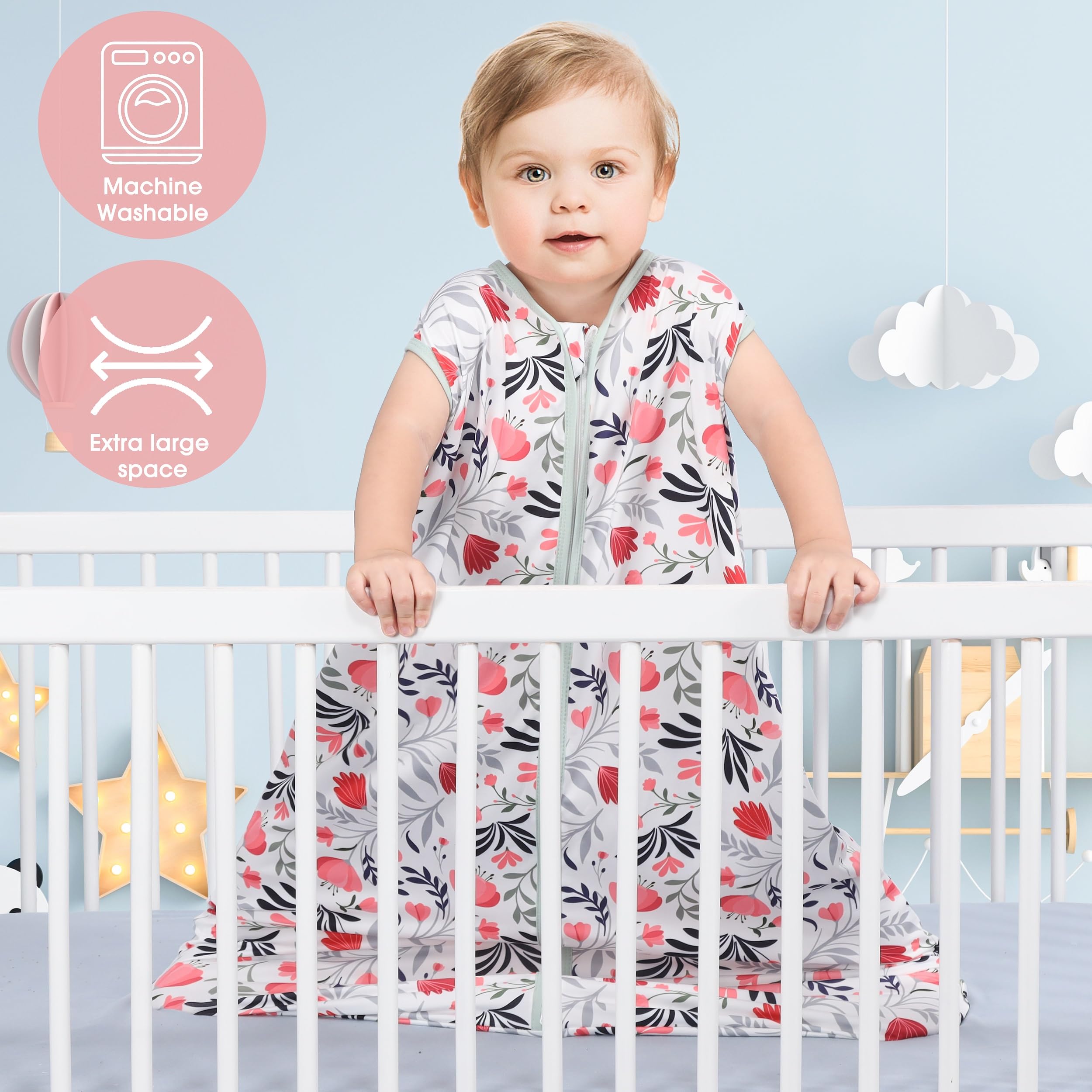 GUNTAIL Baby Sleep Sack 12-18 Months 3 Pack Baby Wearable Blanket 100% Rayon Cotton 2-Way Zipper Toddler Sleeping Sack.Comfy Soft Lightweight TOG 0.3 (Banana&Flower&Pink,)