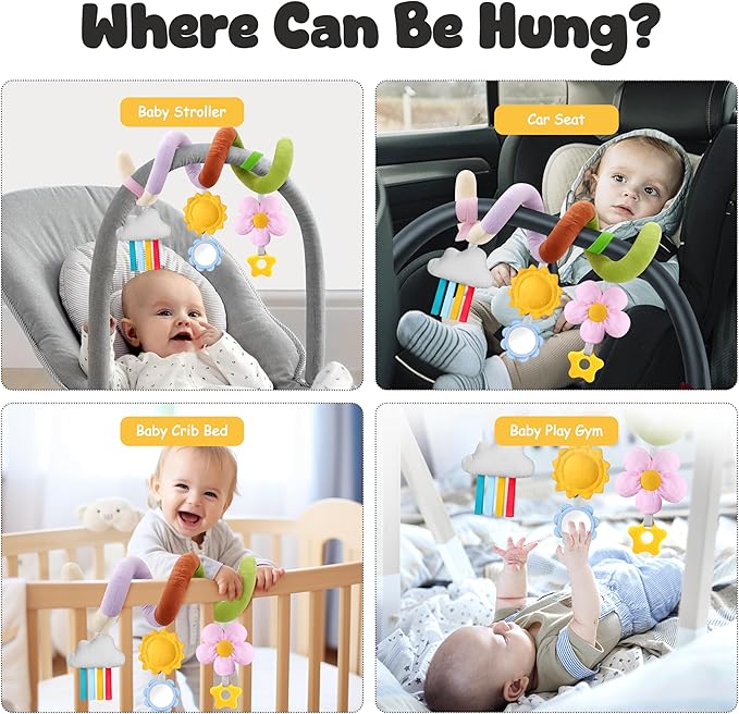 Stuffed Spiral Baby Car Seat Toys, Best Newborn, Soft Infant Essentials Must Have Hanging Toys (Vibrant Nature)