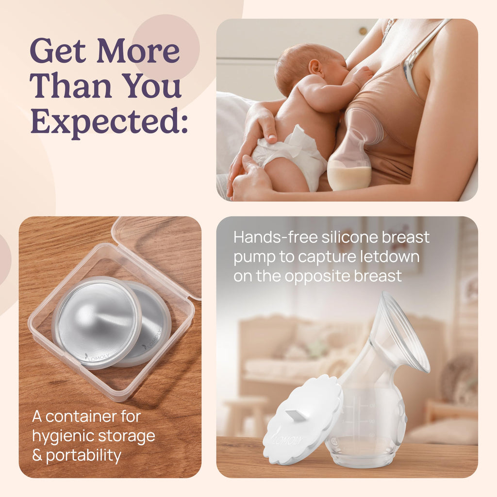LOMOLY Silver Nursing Cups: Pure 999 Silver Nipple Shield to Relieve Soreness; Silver Nipple Covers Breastfeeding Set w/Breast Shells, Silicone Rings, and Hands-Free Breast Pump