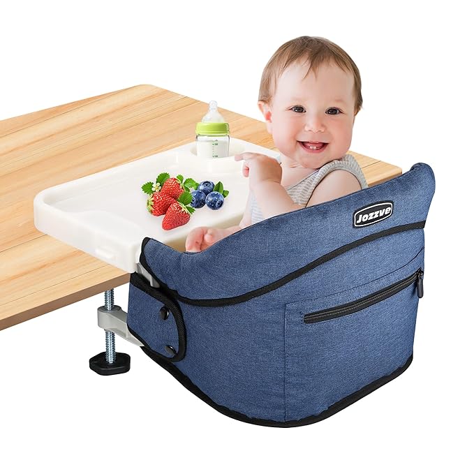 Hook On High Chair, Jozzve Clip on High Chair with Removable Dining Tray for Babies and Toddlers, Fold-Flat Storage Portable Baby Feeding Seat, Attach to Fast Table Chair for Home Travel (Navy)