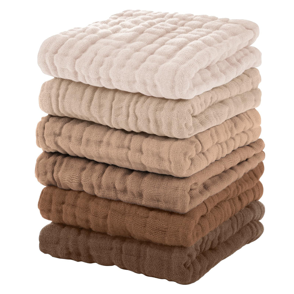 Unnivoll Muslin Burp Cloths Baby 12''X12'', Baby Washcloths 6 Pack, 100% Cotton Baby Wash Cloths Absorbent and Soft for Newborn Infants Kids Boys Girls - Gradient Brown