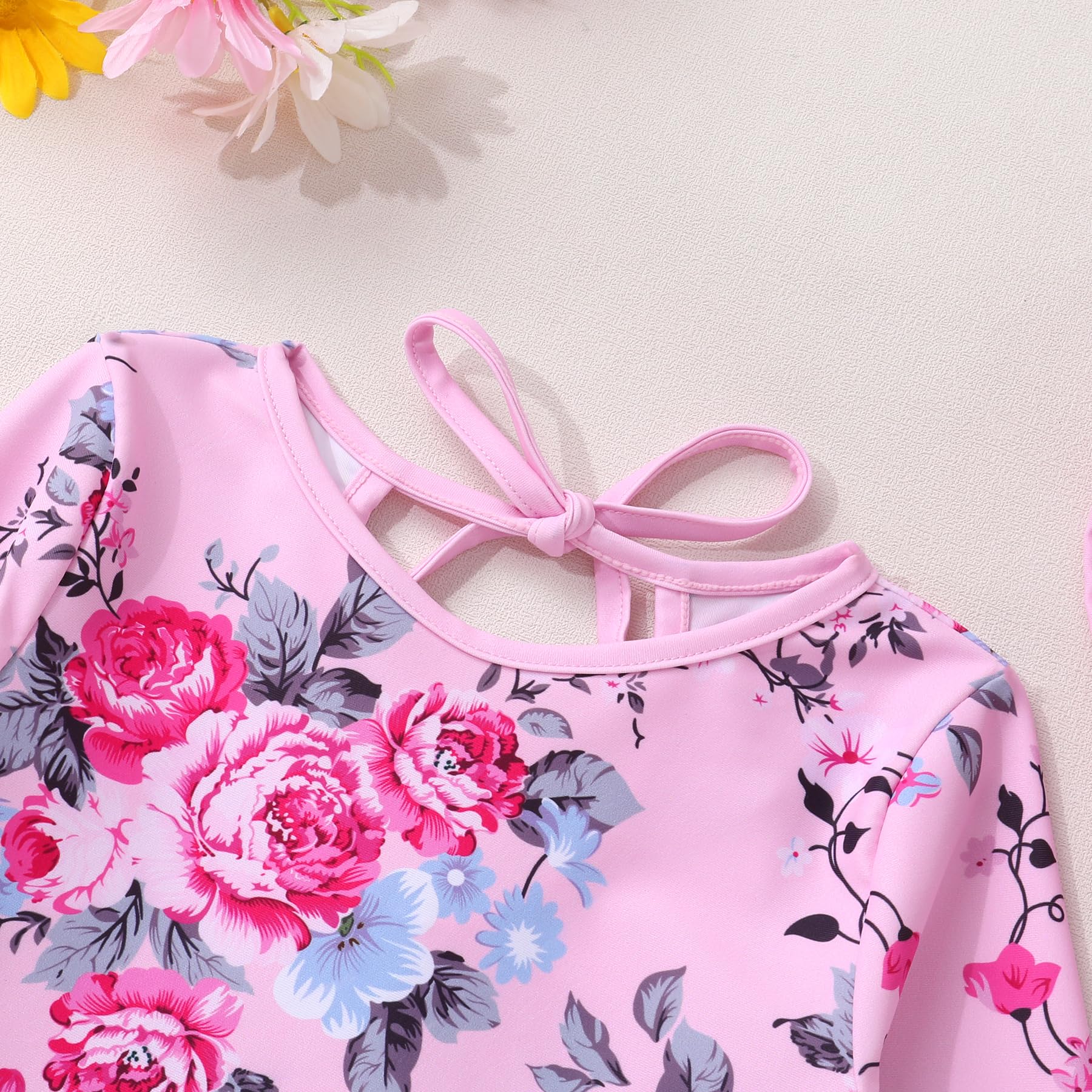 Infant Baby Girls Long Sleeve One Piece Swimsuit with Hat Floral Zipper Bathing Suit Leopard Beach Wear (Pink Edged Big Flower，3-6Months)