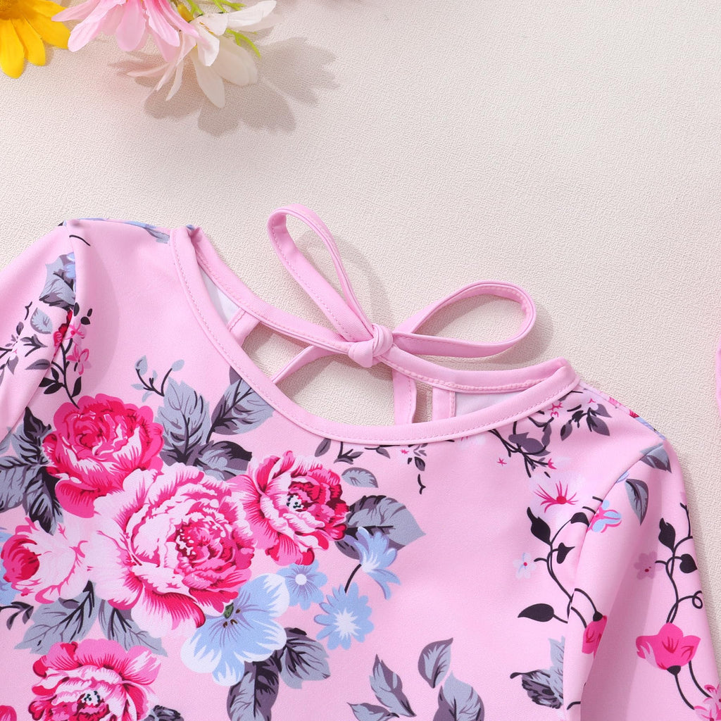 Infant Baby Girls Long Sleeve One Piece Swimsuit with Hat Floral Zipper Bathing Suit Leopard Beach Wear (Pink Edged Big Flower，3-6Months)