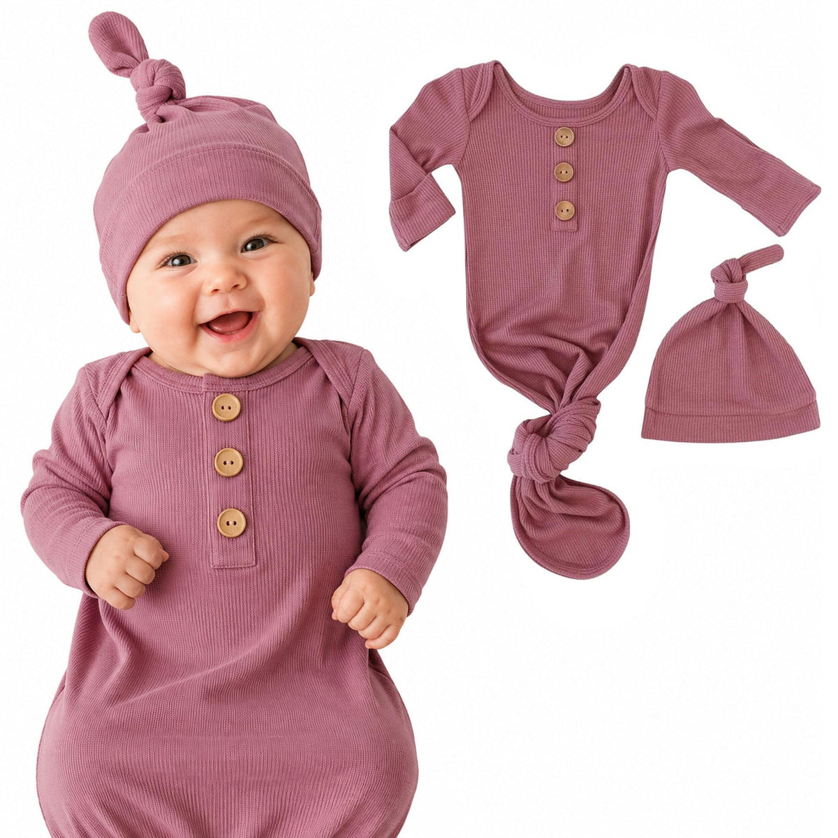 Caden Lane Newborn Knotted Gown with Hat, Soft Bamboo Viscose Baby Sack, Unisex Infant Breathable Night gown