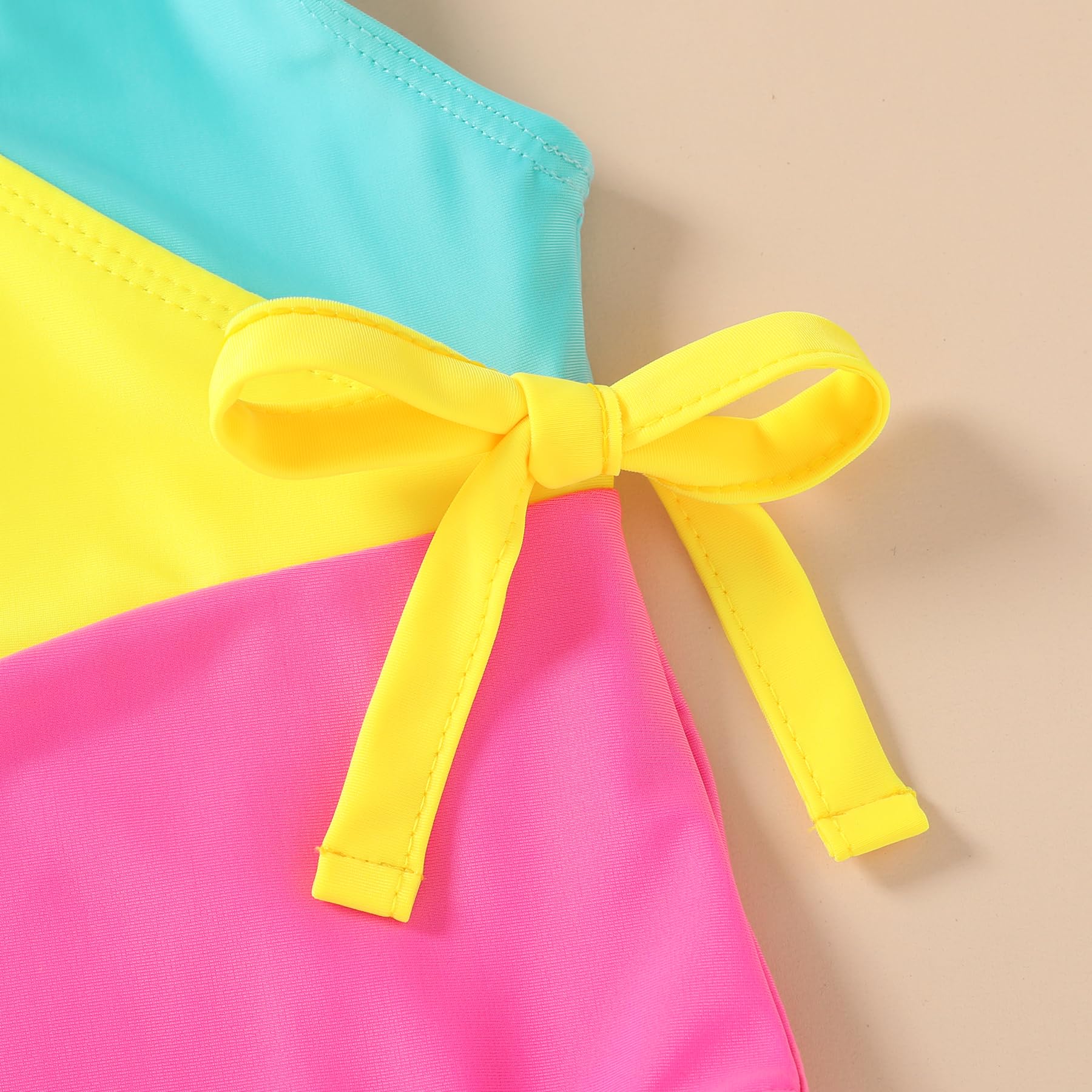Happy Town Toddler Swimsuit Girl One Piece Bathing Suit Color Block Swimwear Baby Summer Beach Wear(5-6 Years,Blue Yellow Pink)