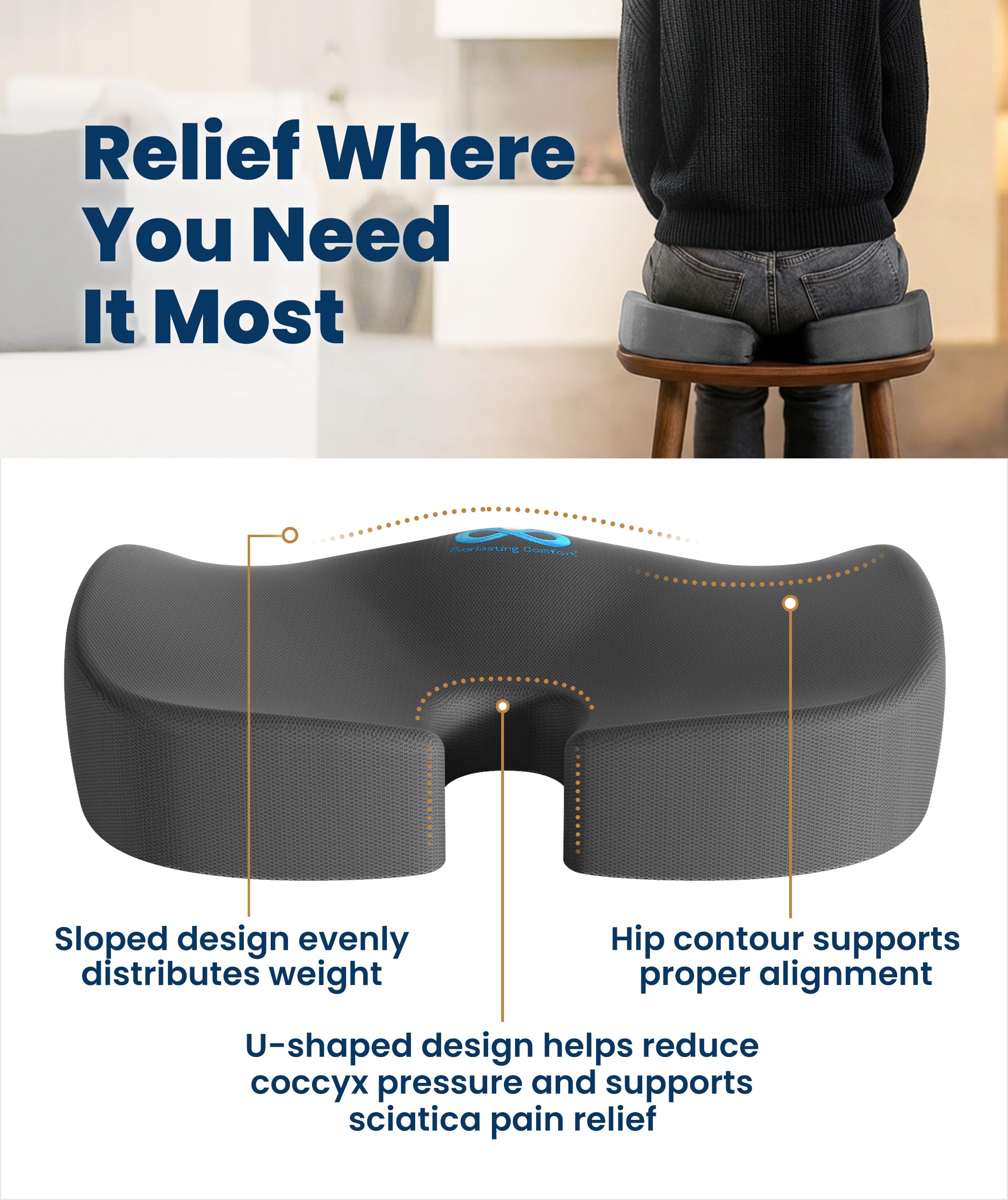 Everlasting Comfort Doctor Recommended Memory Foam Seat Cushion for Office Chairs & Car - Ergonomic Office Desk Accessories - Cushions for Tailbone Pain Relief, Sciatica (Gray, Large)