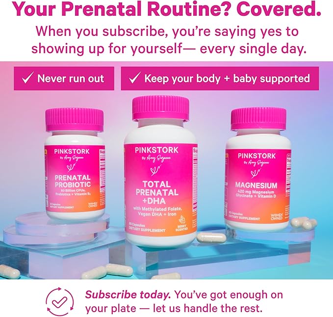 Pink Stork Total Prenatal Vitamins with DHA, Folate, Iron, Choline, and Vitamin B12 - Preconception Nutrition - Prenatals for Women, Pregnancy Essentials - Mint Essence, 60 Capsules, 1 Month Supply
