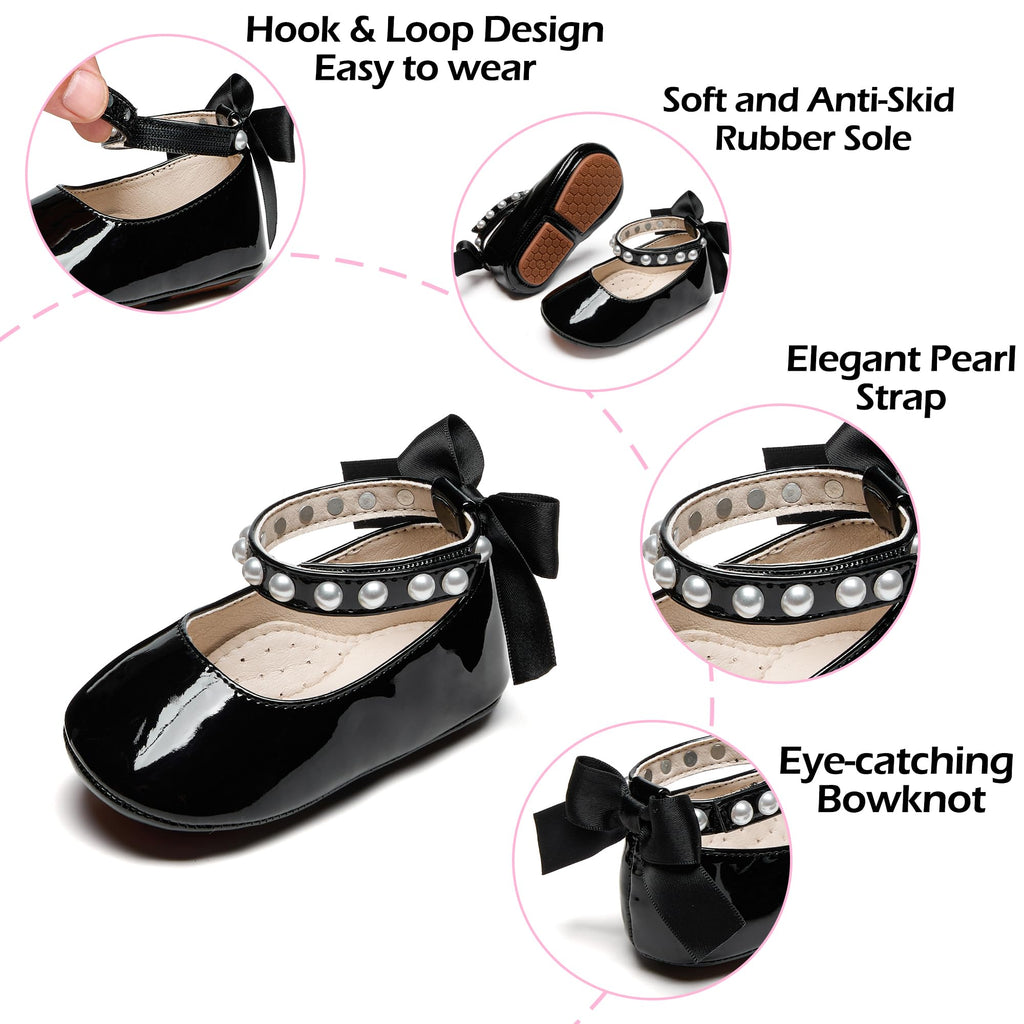 PHIRAMIN Baby Girls Black Mary Jane Flats - Infant 18-24 Months Walking Shoes Soft Rubber Sole Princess Wedding