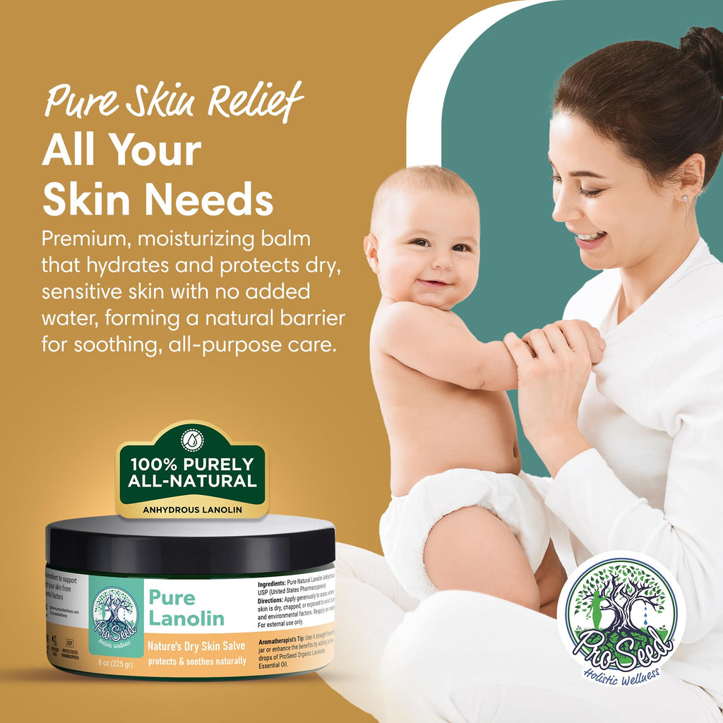 ProSeed Handmade Pure Lanolin Cream – Unrefined Balm for Moms, Baby Care & Nursing – Gentle Moisturizer for Dry Skin, Lips, Hands & Face – Petroleum-Free, 8oz