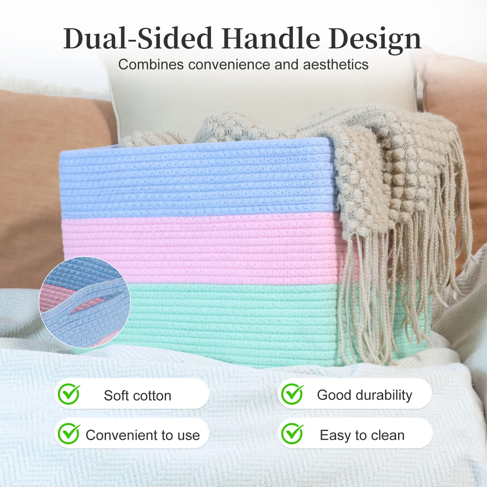 Hopegiver 1 Pack Rainbow Woven Storage Baskets for Shelves, 15x11x10 Inch Cotton Rope Decorative Organizer Bins for Blanket Clothes Book Baby Pet, Colorful Toy Basket for Playroom, Kids Room, Nursery