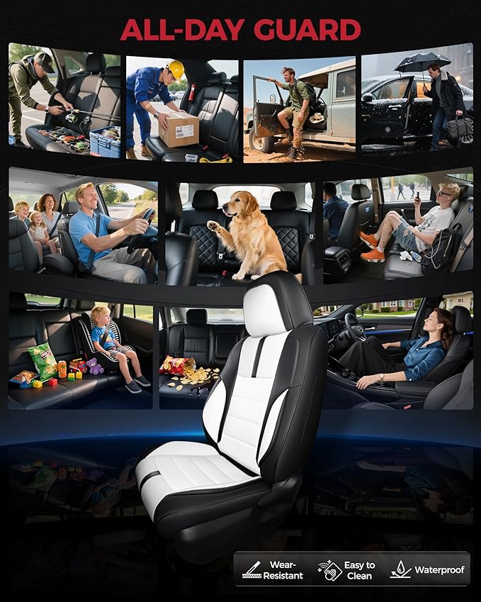 FREESOO Black White Car Seat Covers Full Set - Faux Nappa Leather Seat Covers for Cars, with Front Seatbelt Pads, Cute Breathable Cushion Protectors Fit for Most 5 Seats Sedans SUV Hatchbacks Trucks