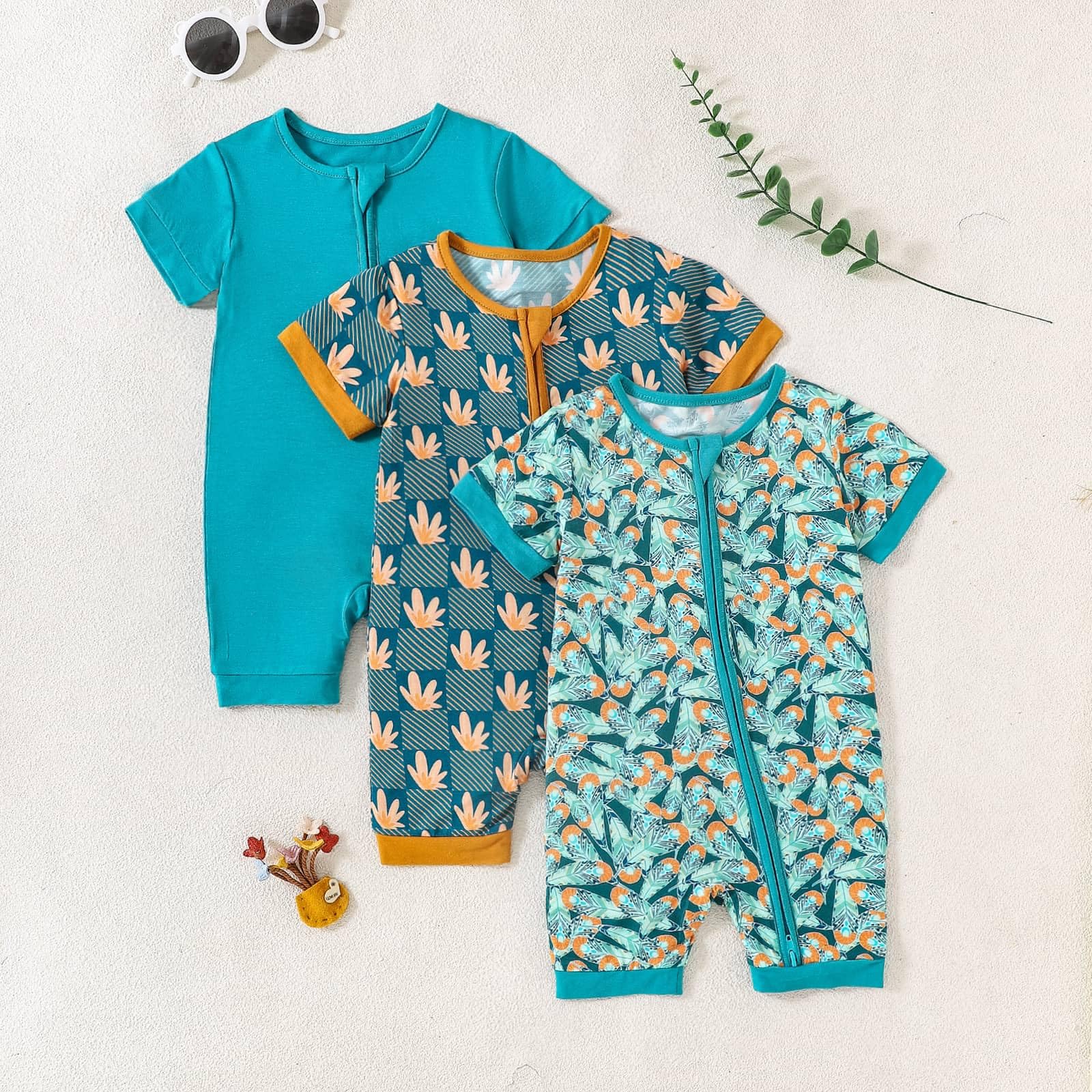 OPAWO Baby Girl Pajamas 3 Pack, 2 Way Zipper Sleepers Baby Girl Girl Romper, Toddler Summer Clothes Outfits 0-24M(Flower/Leaf/Lake Blue,12-18 Months)
