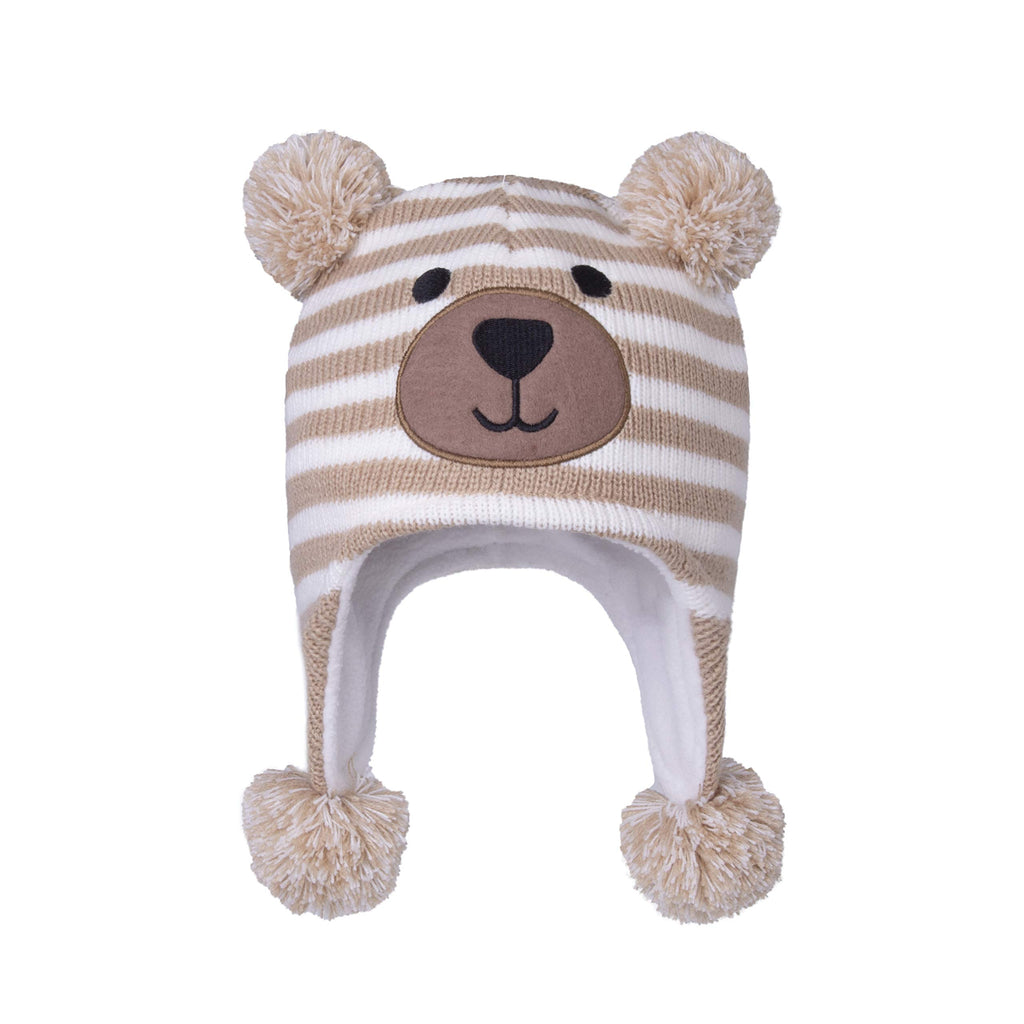 LANGZHEN Toddler Kids Infant Winter Hat,Earflap Knit Warm Cap Fleece Lined Beanie for Baby Boys Girls (Bear -Beige Stripe+Neck Gaiter Stripe, 2-4 T)