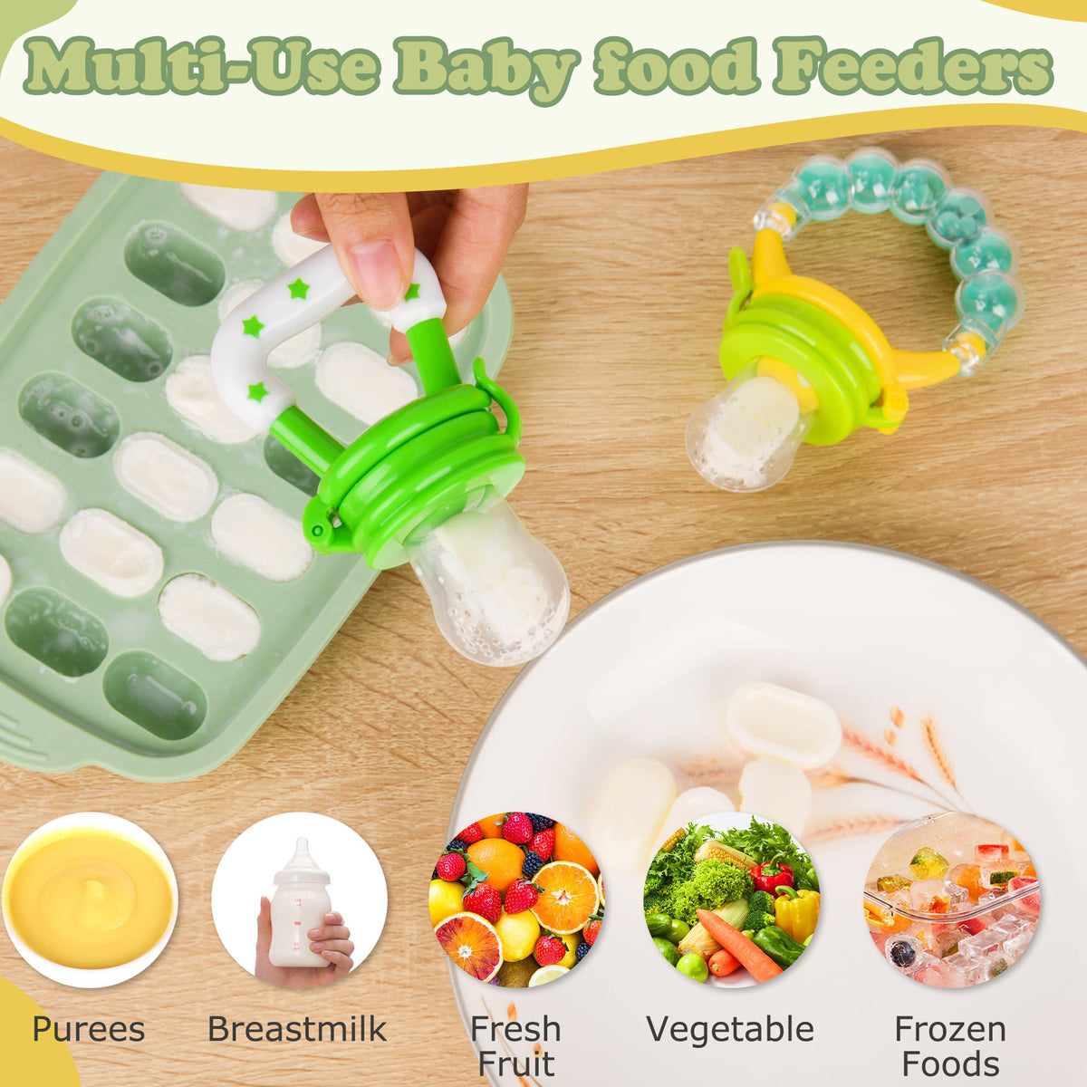 WAJIAYON Baby Breastmilk Popsicle Molds & Babies Fruit Feeder (3 Pack), Infant Food Freezer Tray Storage Containers, Silicone Teething Pacifier Feeder and Teether for Babies,Baby Feeders - Blue