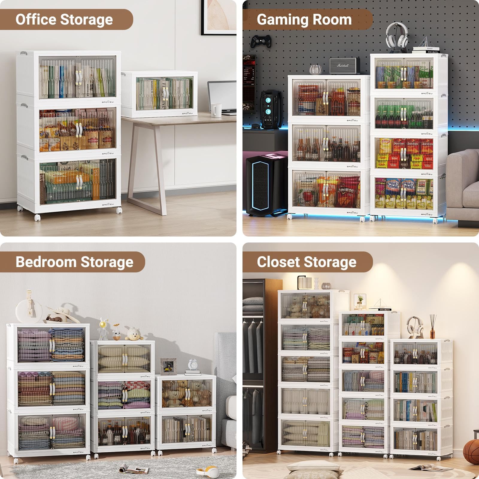 BROVIEW 320Qt Stackable Storage Bins with Lid, Extra Large Closet Organizer Collapsible Drawer Boxes with Wheels, Folding Plastic Cabinet Containers for Home Kitchen Room Organization, 4Pack White