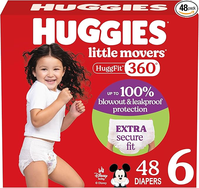 Huggies Size 6 Baby Diapers, Little Movers HuggFit 360° Baby Diapers with 360° Waistband, Size 6 (35+ lbs), 48 Count, Packaging May Vary