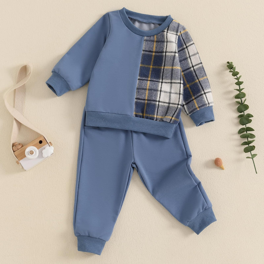 Lucikamy Toddler Baby Boy Fall Outfits Long Sleeve Crew Neck Pullover Sweatshirt + Jogger Pants Set Infant Winter Clothes (Blue-P, 6-12 Months)