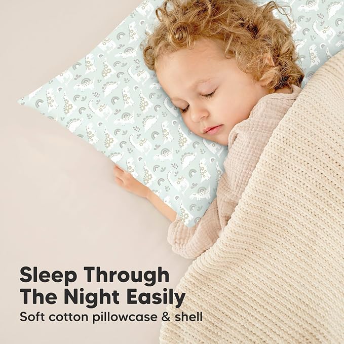 Toddler Pillow with Pillowcase - 13x18 My Little Dreamy Kids Travel Bed Pillows for Sleeping, Organic Cotton Small Pillowcase, Soft & Breathable, Machine Washable, Toddlers 2-5 Years Old (DinoBloom)