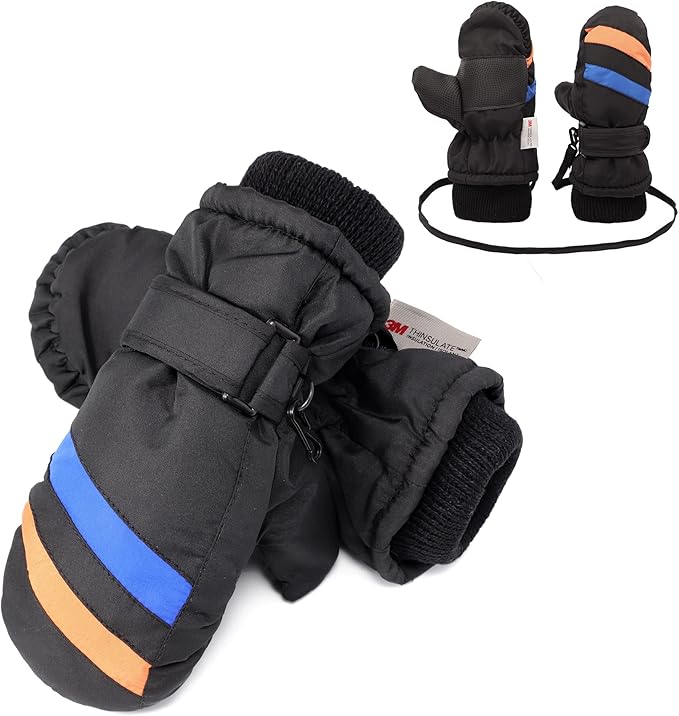 F Flammi Toddler Kids Snow Mittens with String Waterproof Ski Mittens Thinsulate Winter Gloves for Baby Girls Boys