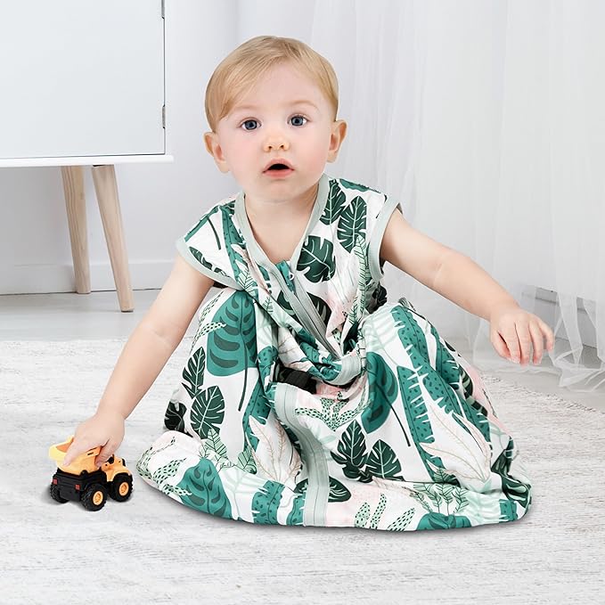 3 Pack Baby Sleep Sack 6-12 Months 100% Rayon Cotton Baby Sleeping Bag 2-Way Zipper Toddler Wearable Blankets Comfy Stretchy TOG 0.3 Lightweight（Banana&leaf&green）