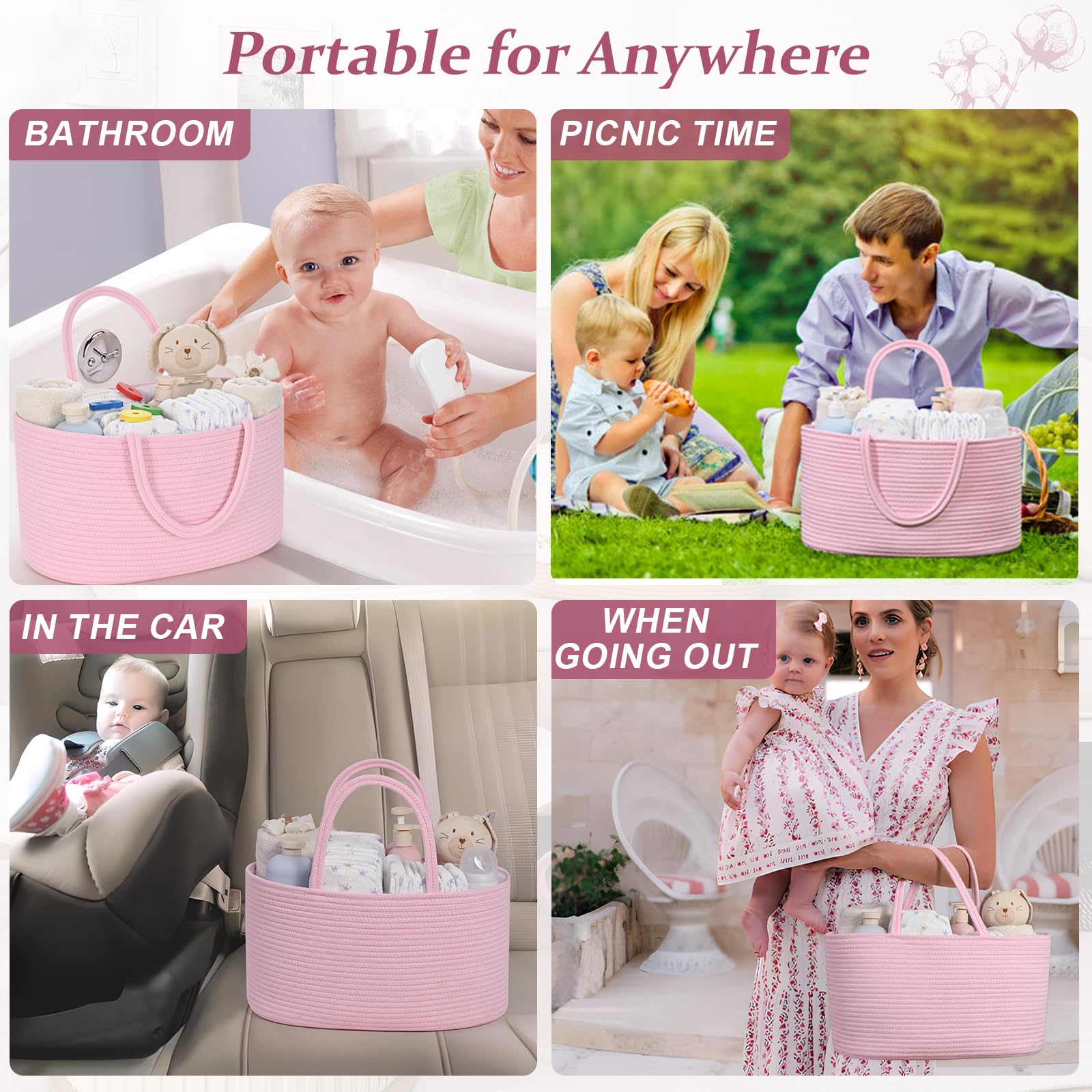 19L Baby Diaper Caddy Organizer, 16.8"x9.8"x9" Cotton Rope Diaper Basket, Changing Table Storage Caddy With Removable Divider, Baby Basket for Nursery, Car, Diapers, Baby Shower Gifts for Newborn