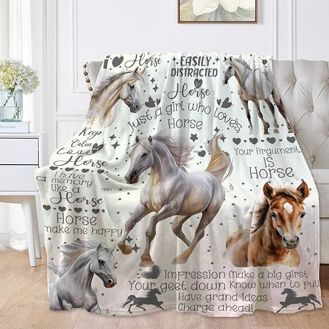 Horse Throw Blanket for Women Men Flowers Animals Blanket Gifts for Adults Cute Horse Lightweight Blanket 60X80 Inches for Bed All Season