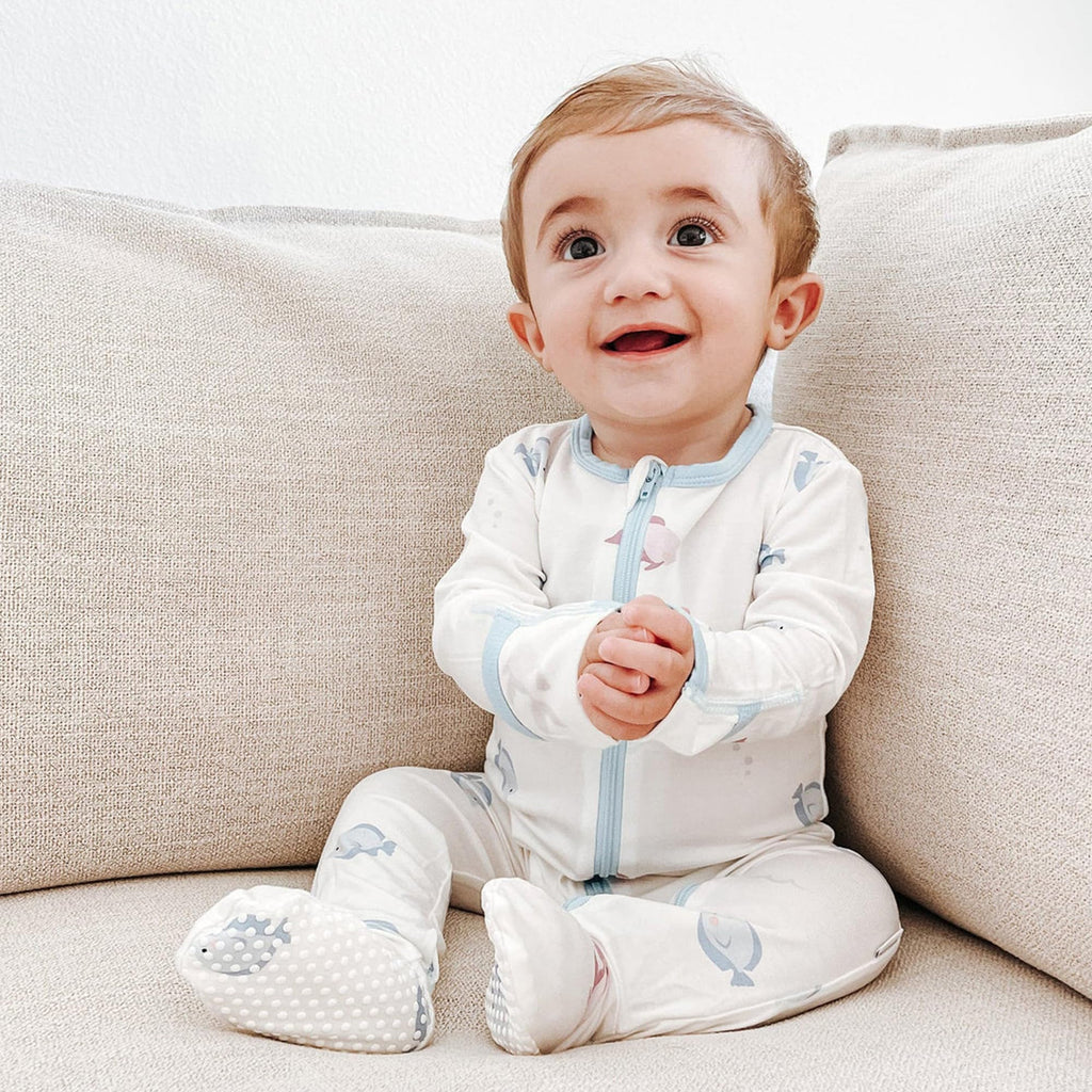 Bamboo Little Soft Baby Footie Pajamas, Baby Clothes, Newborn Sleepers, 95% Viscose and 5% Spandex, Blue Fish 6-9 Months