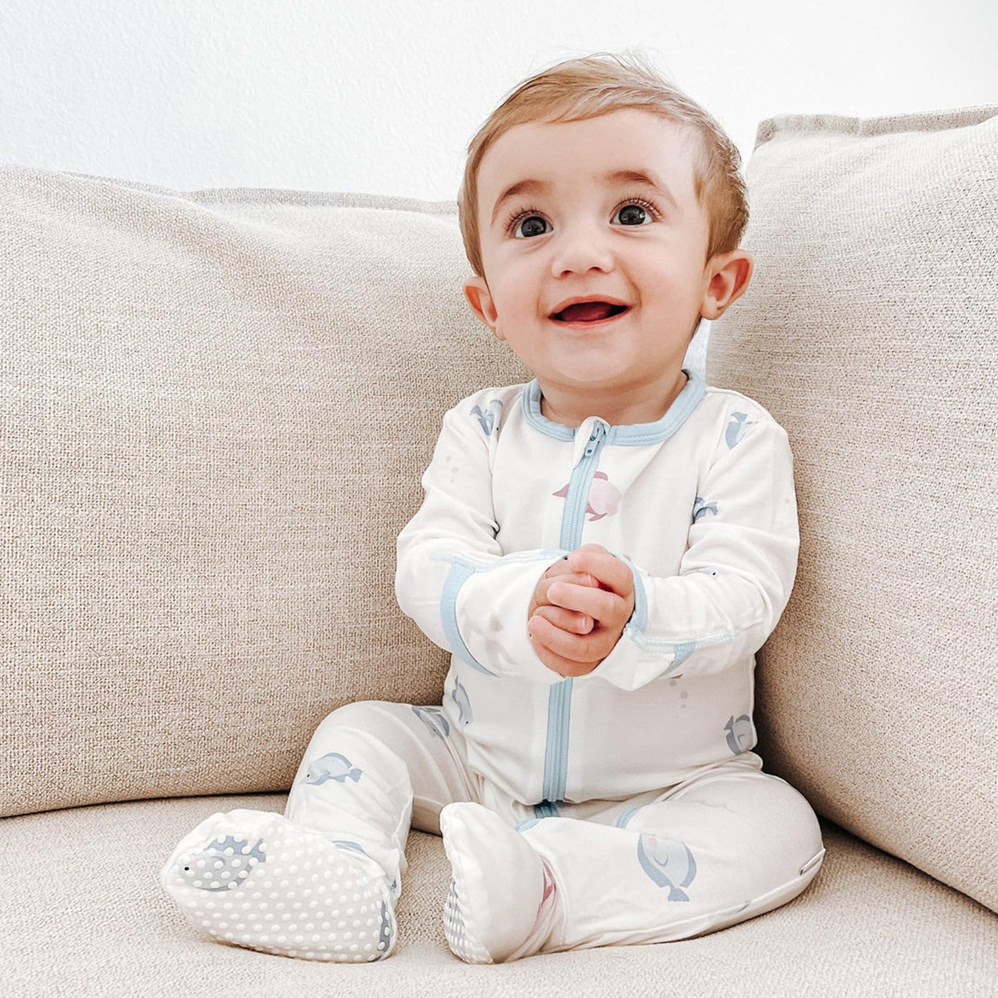 Bamboo Little Soft Baby Footie Pajamas, Baby Clothes, Newborn Sleepers, 95% Viscose and 5% Spandex, Blue Fish 6-9 Months