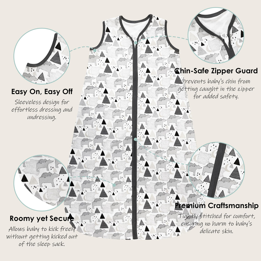 Cute Castle Baby Sleep Sack 6-12 Months - Lightweight 100% Cotton 2-Way Zipper TOG 0.5 Infant Wearable Blanket, Newborn Essentials Toddler Sleep Clothes, 3 Pack(Dark gray, Light gray, Bear)