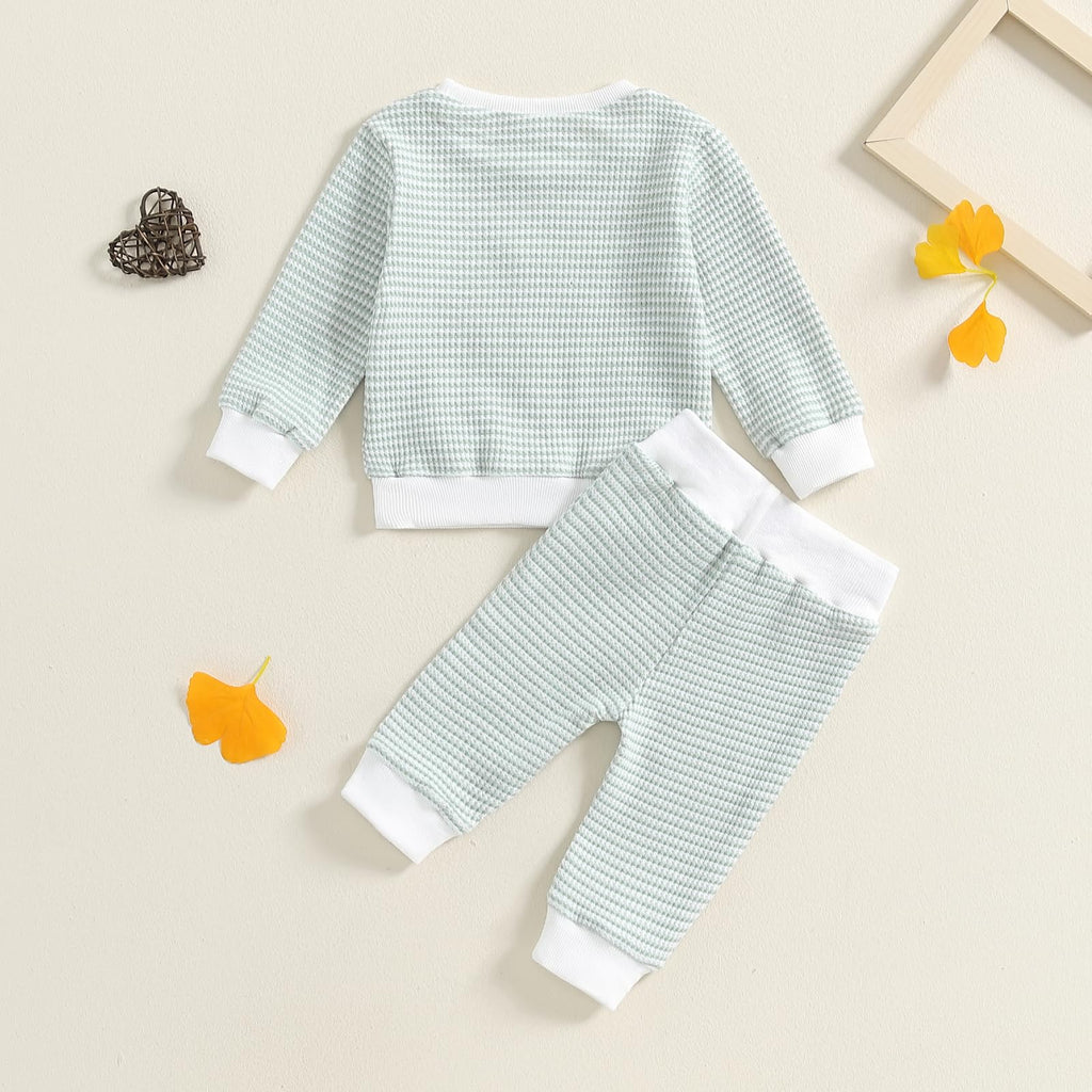 Fufuriprefer Toddler Baby Boy Fall Clothes Waffle outfit Long Sleeve Top Jogger Pant Set (White Green, 6-12 Months)