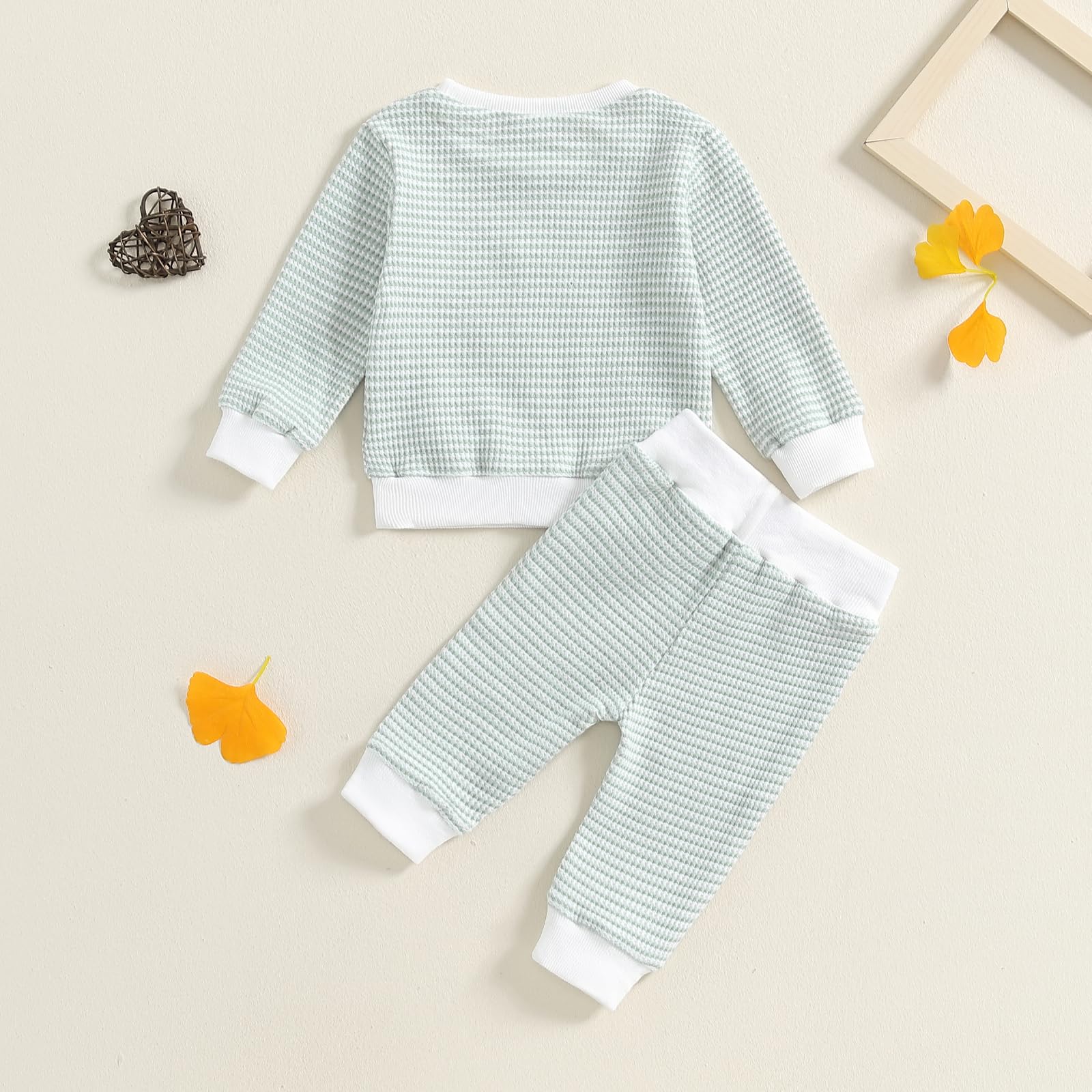 Fufuriprefer Toddler Baby Boy Fall Clothes Waffle outfit Long Sleeve Top Jogger Pant Set (White Green, 6-12 Months)