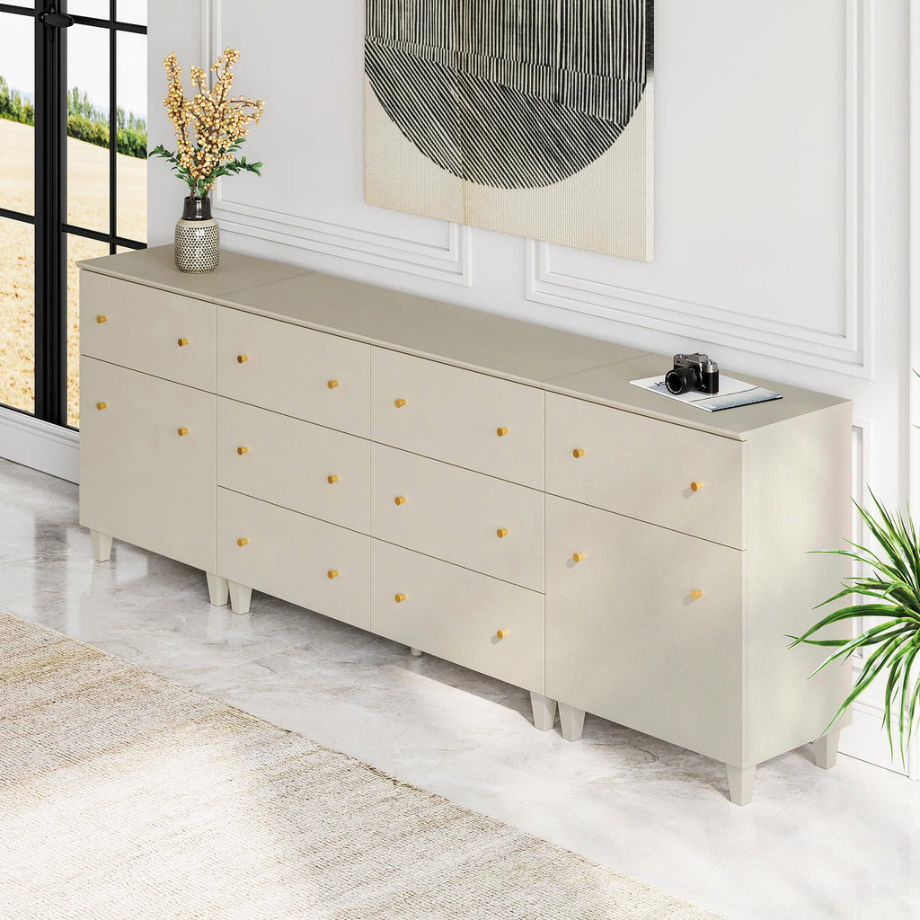 WAMPAT Dresser with 2 Doors & 8 Drawers for Bedroom, 2-in-1 Wood Chest of Drawers, 94.4" Wide Modern Closet Storage Organizer with Adjustable Shelves for Kids Room, Beige Linen Printed Finish