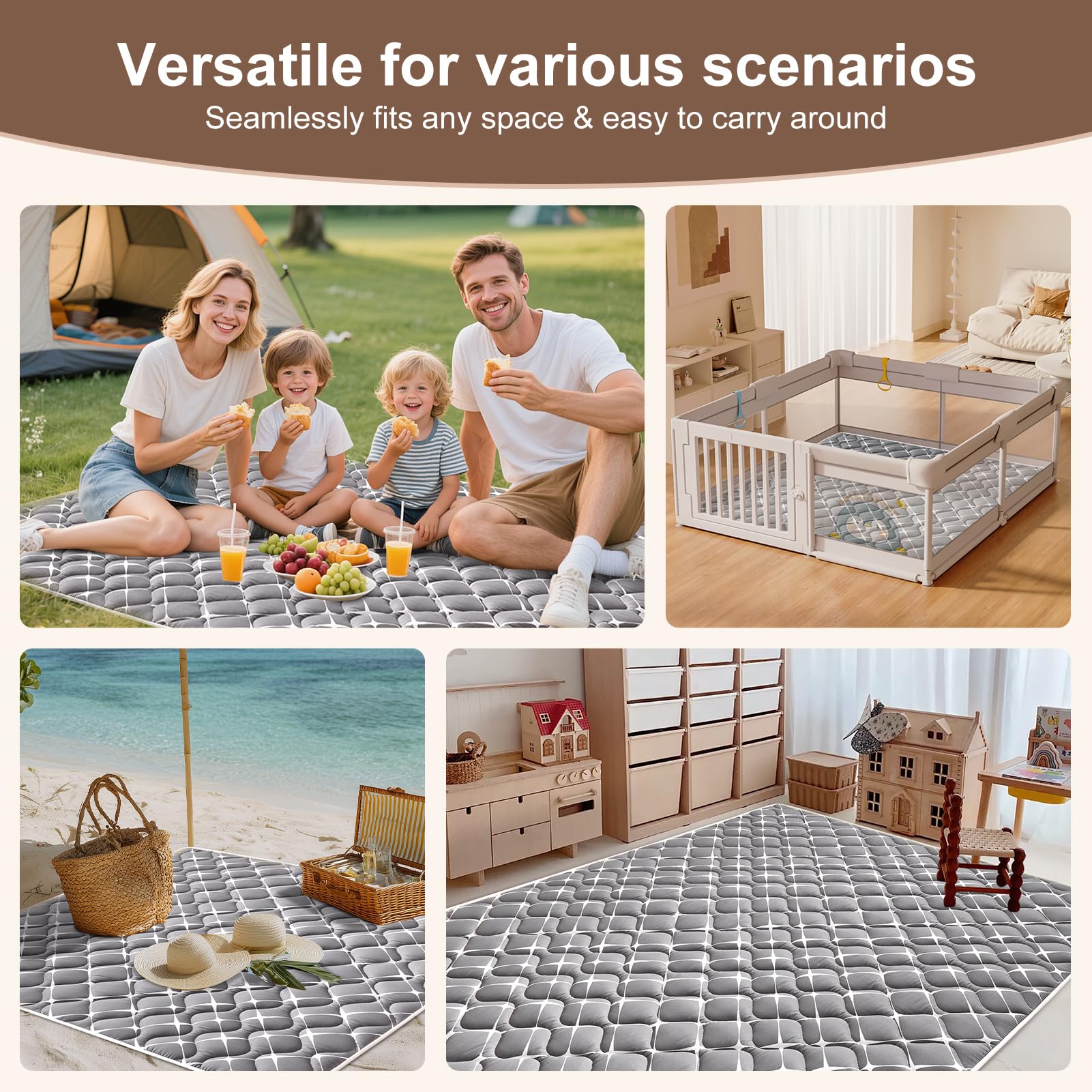 Baby Play Mat - 65" X 50",Premium Thicker Foam One-Piece Machine Washable, Extra Large Anti-Slip Soft Cushioning Foam Playmats for Babies and Toddlers, Foldable Baby Crawling Mat for Playpen