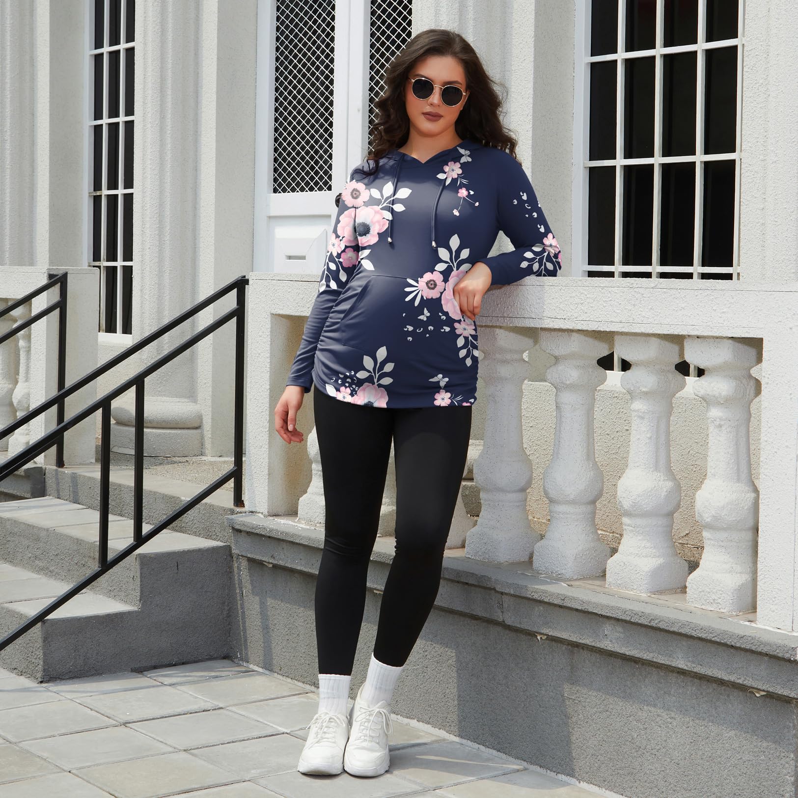Women's Maternity Hoodie Sweatshirt Long Sleeves Maternity Tops Casual Clothes,Blue with Pink Flower,Large